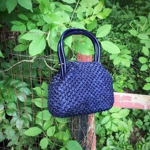 Structured Navy Straw Top Handle Purse